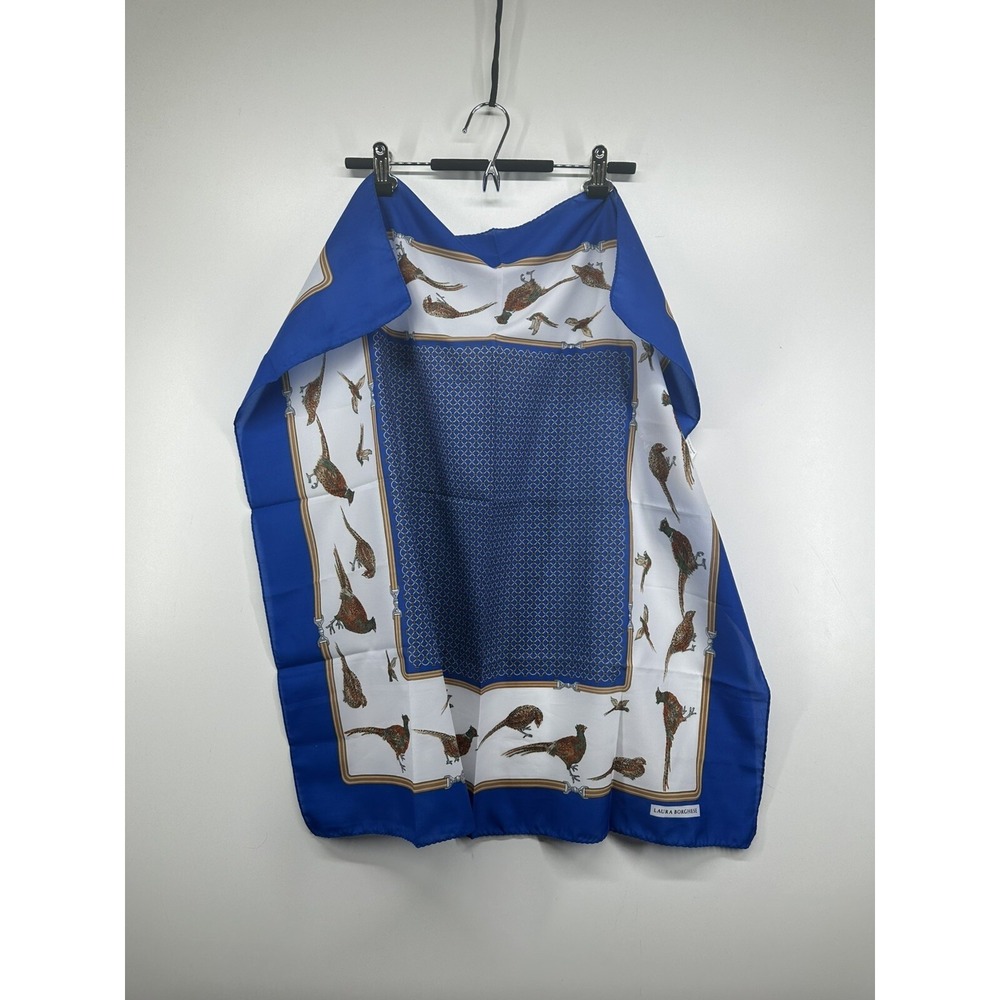Vintage Laura Borghese‎ Blue White Pheasants  Square 30"x30" Scarf Made In Italy